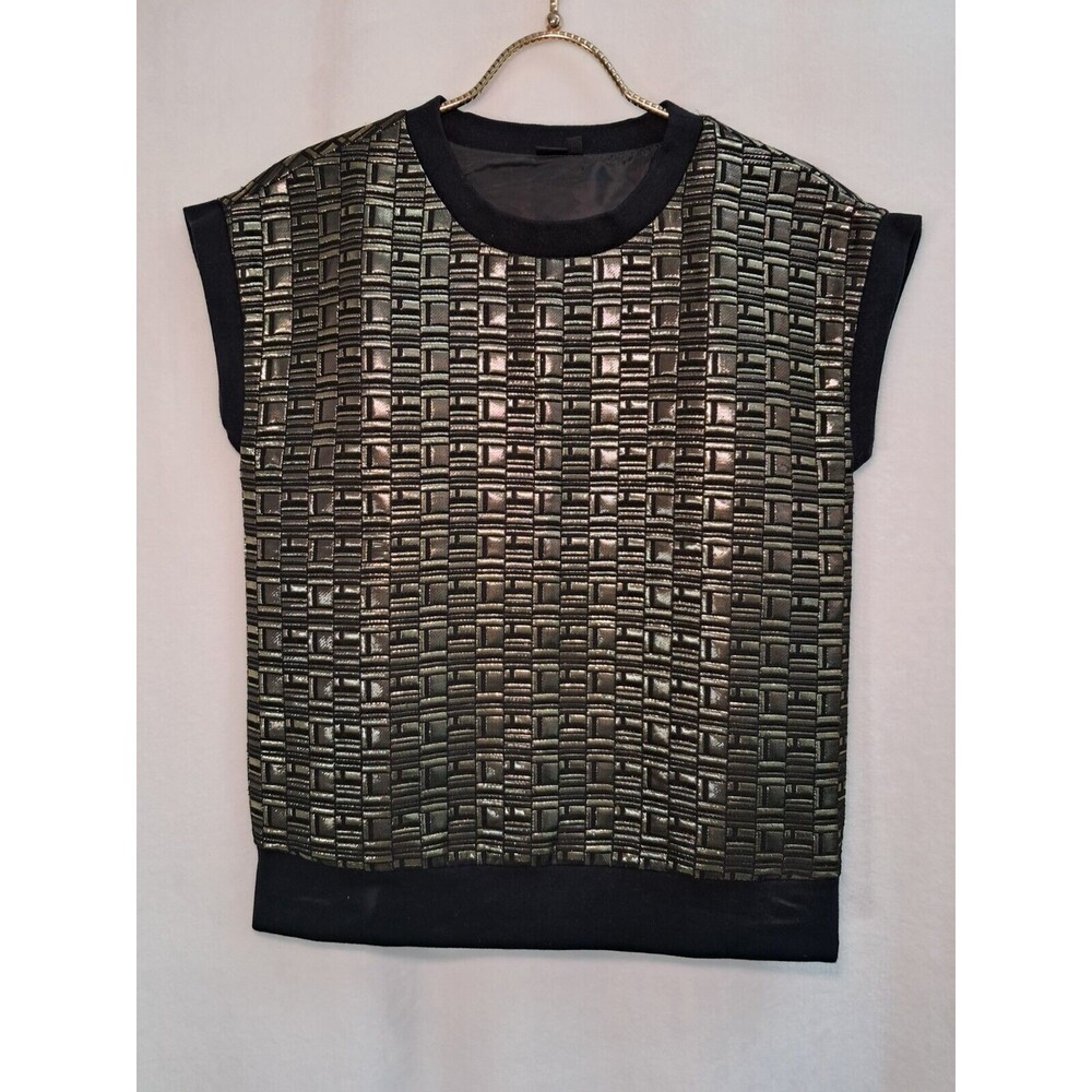 Kate Spade Saturday Baroque Top Blouse Metallic Gold Black Short Sleeves Size XS